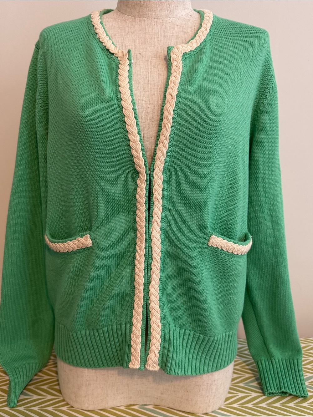 Spartina 449 Classic Green Women's Cardigan with Cream Braid Trim (Prototype)
